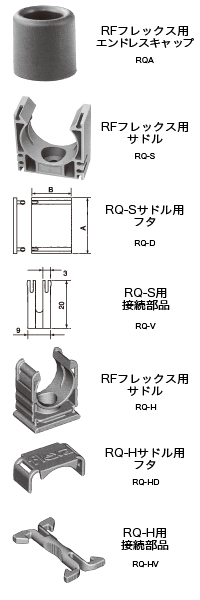 付属品  RQA（RFフレックス用エンドキャップ）,付属品  RQ-S（RFフレックス用サドル）,付属品  RQ-D（RQ-Sサドル用フタ）,付属品  RQ-V（RQ-S用接続部品）,付属品  RQ-H（RFフレックス用サドル）,付属品  RQ-HD(RQ-Hサドル用フタ),付属品  RQ-HV（RQ-H）用接続部品